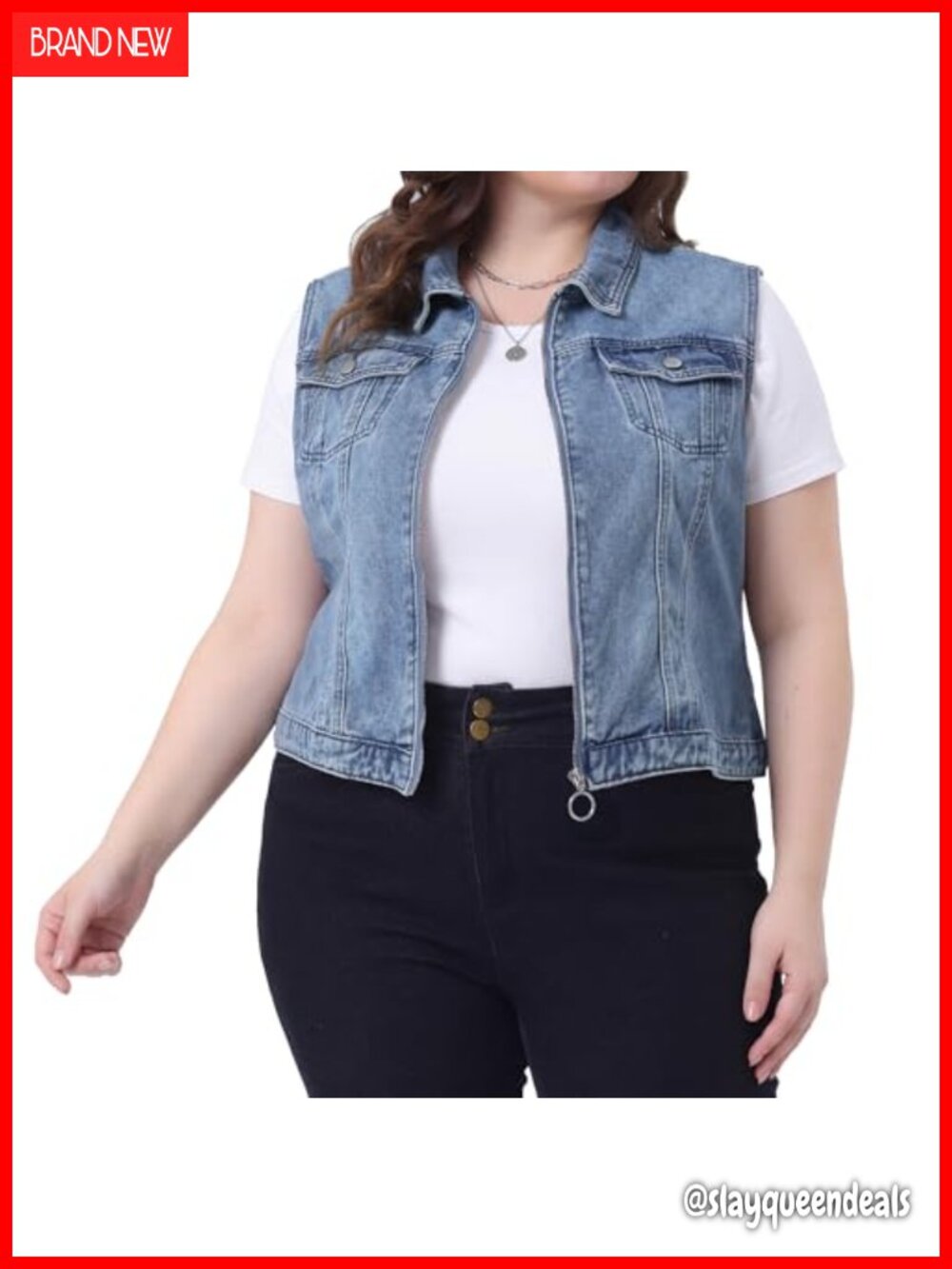 Plus Size Denim Vest Sleeveless Zip Up Button Down Waistcoat Jean Jacket